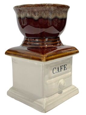 Vintage 1970s Decorative Ceramic Coffee Mill Ustensil Holder Brown Drip Glaze